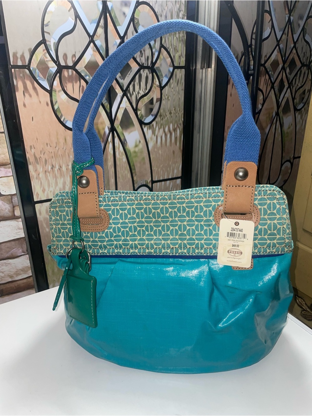 Fossil Teal & Blue Beautiful turquoise color Patterned Top Shoulder Bag